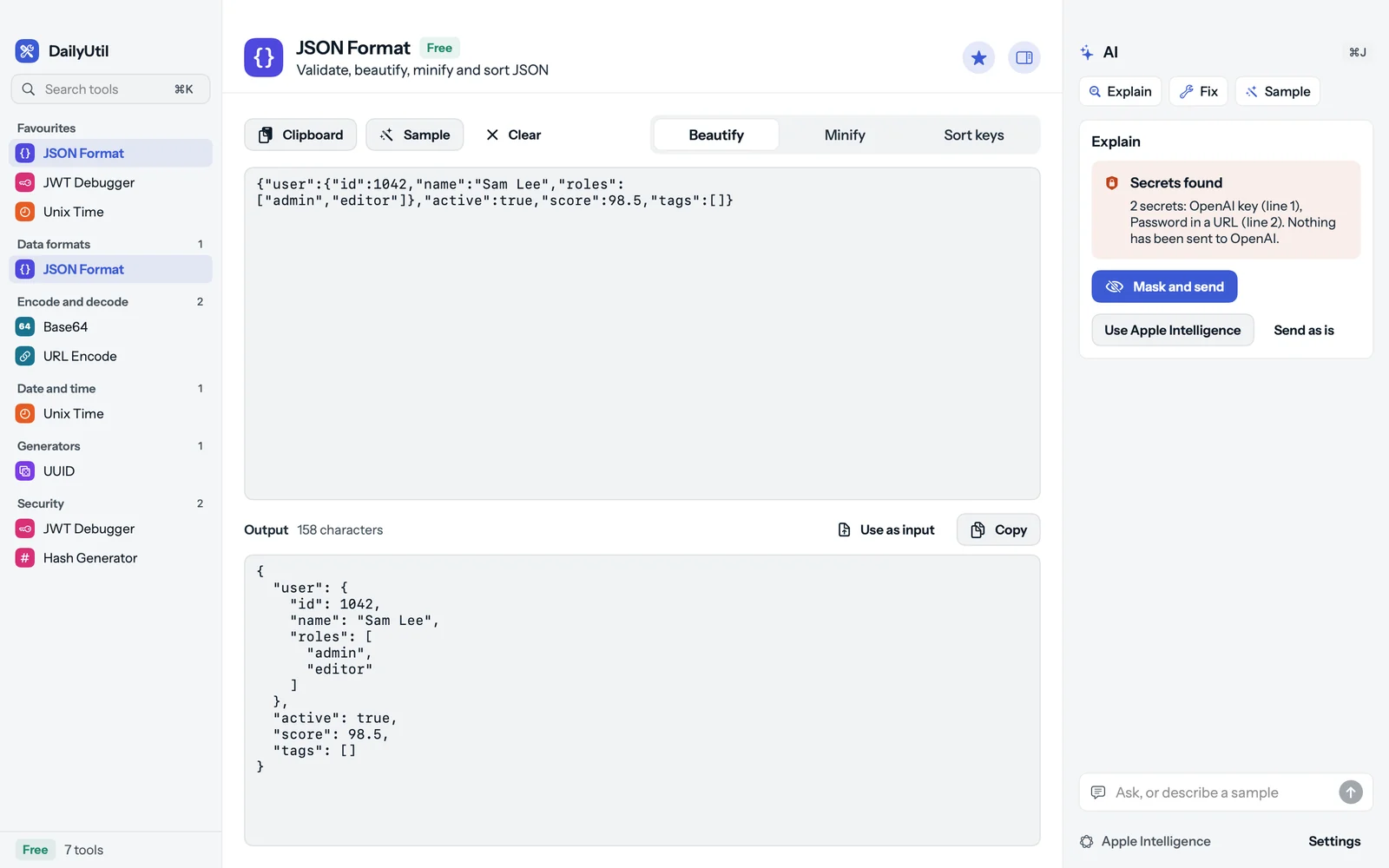 The AI panel reporting two secrets found, an OpenAI key on line 1 and a password in a URL on line 2, with the buttons Mask and send, Use Apple Intelligence and Send as is