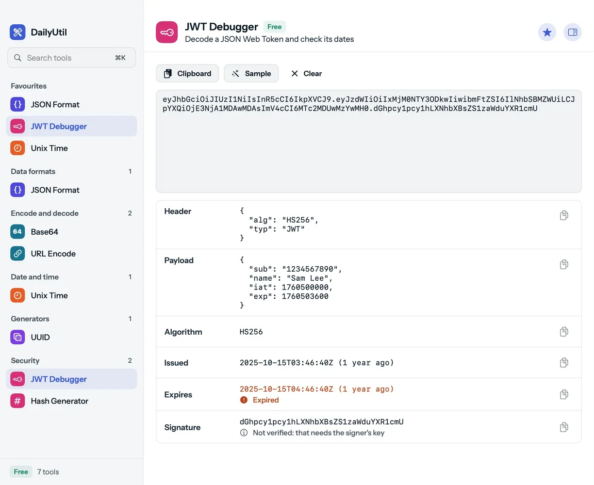 The JWT Debugger: a token decoded into header, payload, algorithm HS256, issued and expiry dates with an Expired warning, and the signature marked as not verified